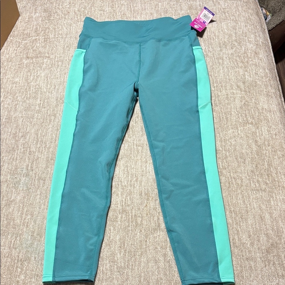NWT 2X POP Fit Aqua and Teal Leggings 7/8 length pockets high rise